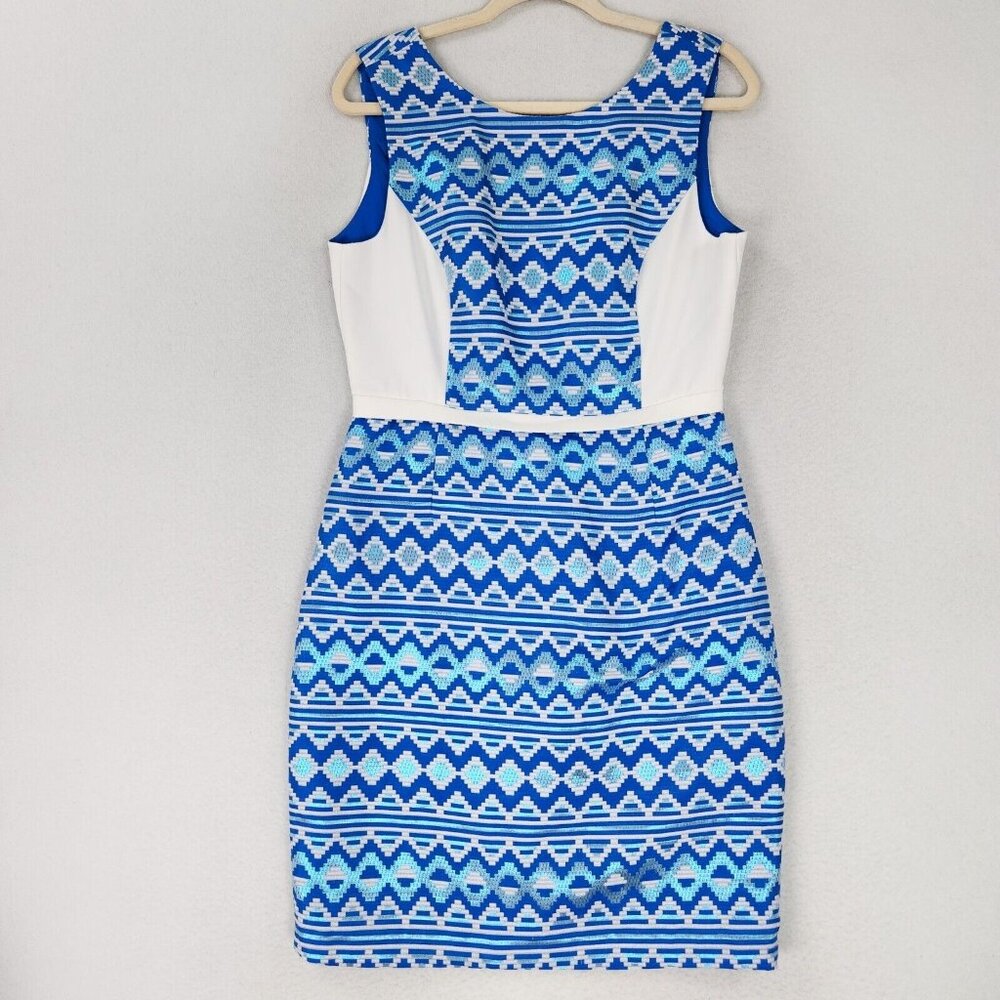 Badgley Mischka Dress Womens 10 Blue White Sheath Belle Sleeveless Shimmer